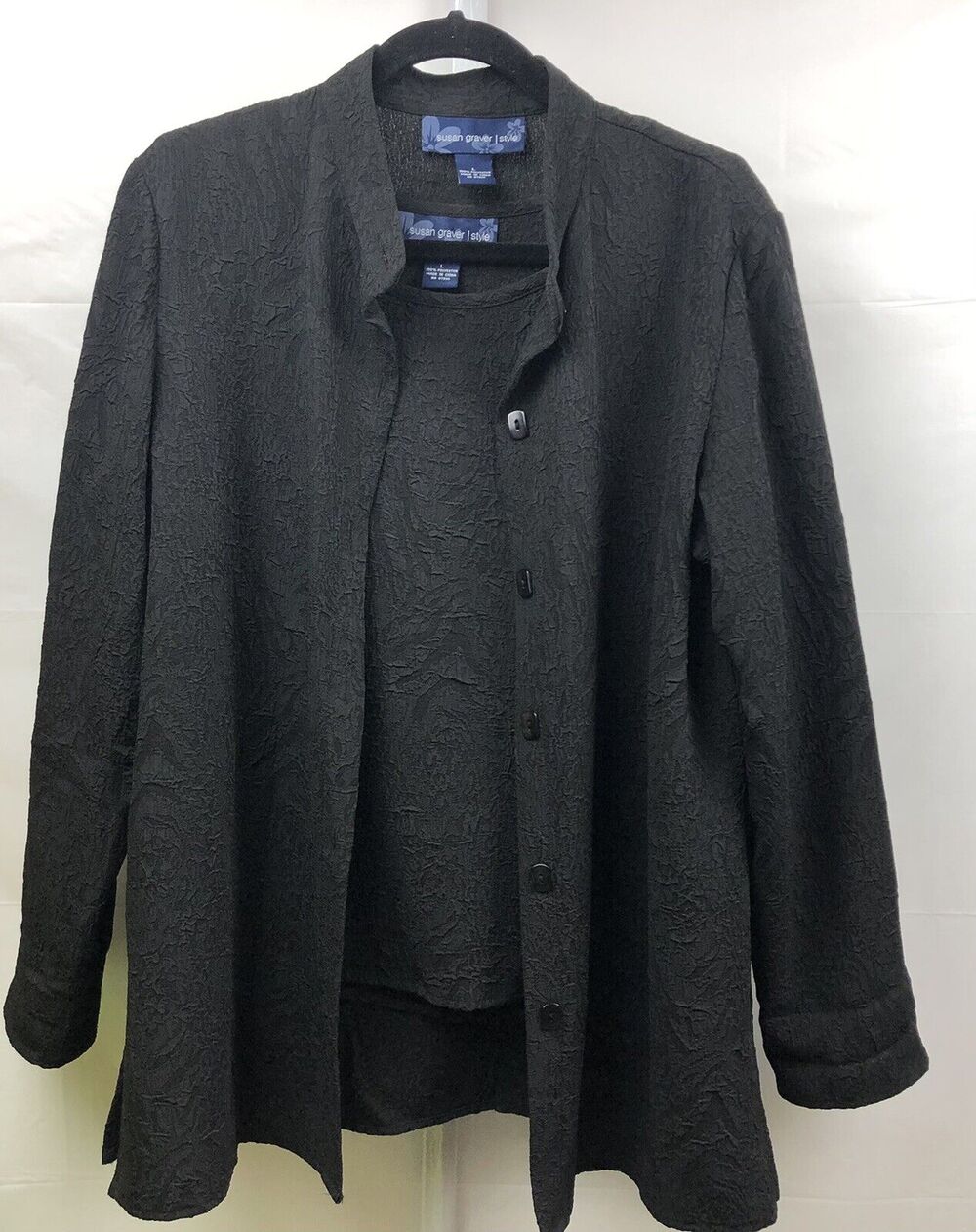 Susan Graver Tank & Jacket Women L Black Textured Button Up Jacket Sleevless Top